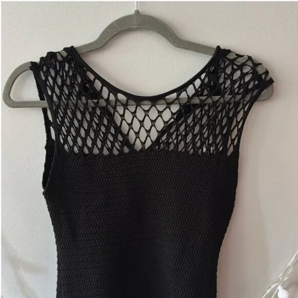 Elegant Pointelle Black mini  crochet Sleeveless Dress - Picture 5 of 13